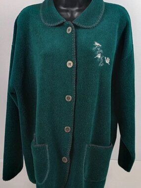 Artisans Sunchein Designs Women's XL Green Button Up Long Sleeve Cardigan Birds